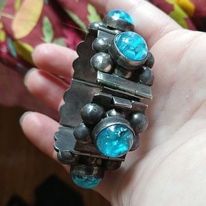 Sterling silver 925 mexico bracelet vintage blue glass sea ocean color